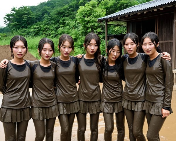 Group of Seven Young Women in Outdoor Setting