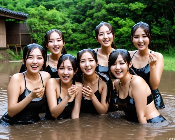 Young Women in Black Swimsuits Play in Muddy Pool