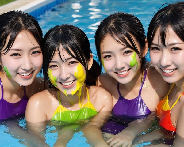 Young women in colorful swimsuits by a blue pool