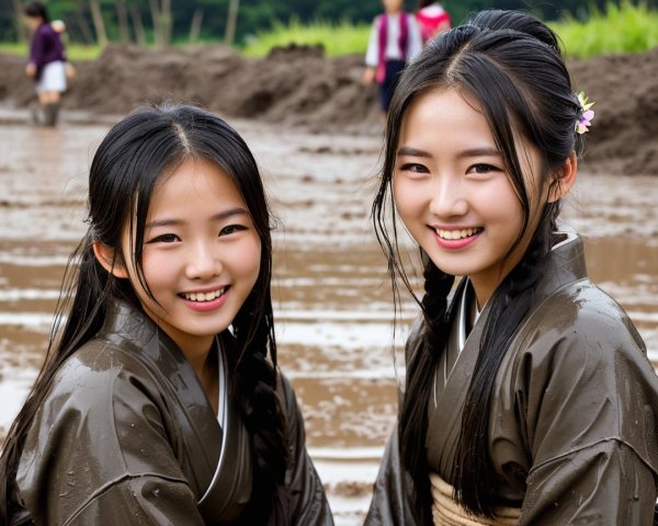 Young girls in traditional garments in muddy field
