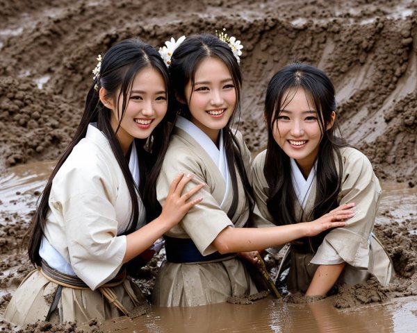 Women in Traditional Attire in a Muddy Field