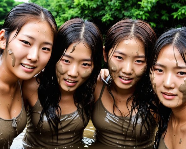 Girls in Brown Swimsuits Play in Muddy Outdoor Scene