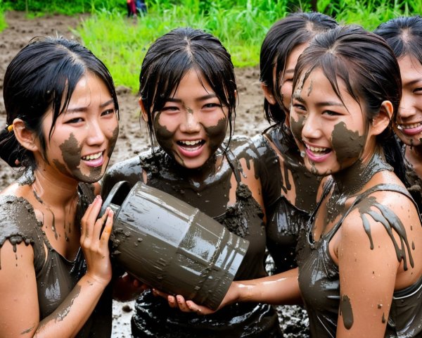 Young women enjoying a playful moment in a muddy field