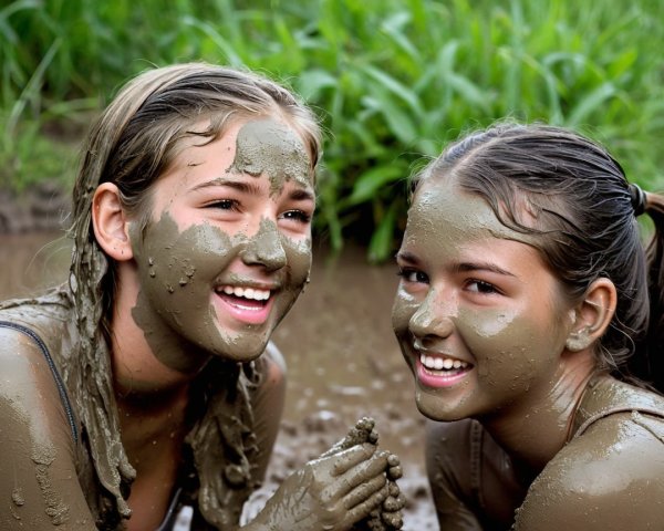 Young girls joyfully playing in muddy outdoor setting
