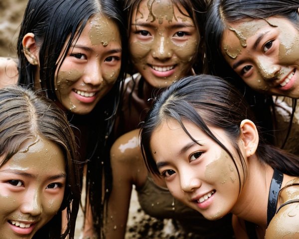 Group of Young Women Enjoying Mud Play Outdoors