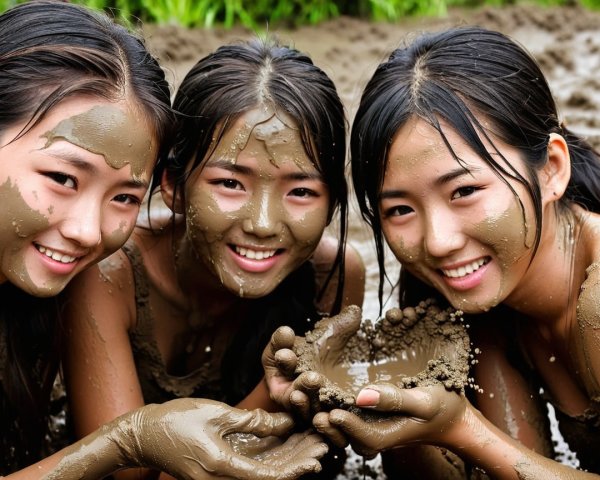 Young girls joyfully playing in a muddy area outdoors