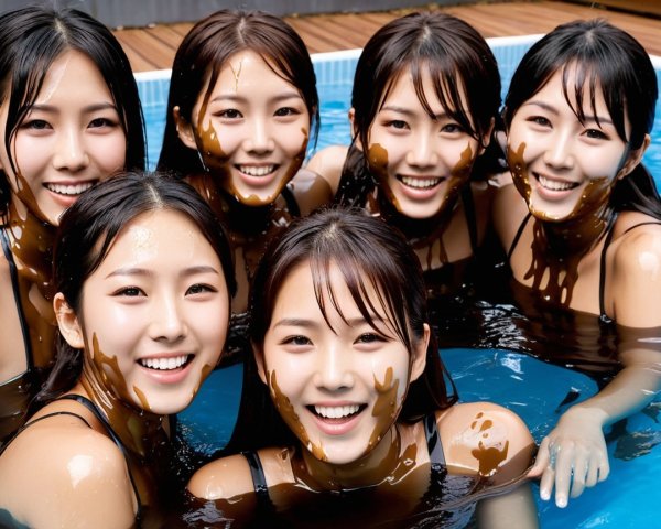 Young Women Playfully Posing in Blue Pool with Chocolate