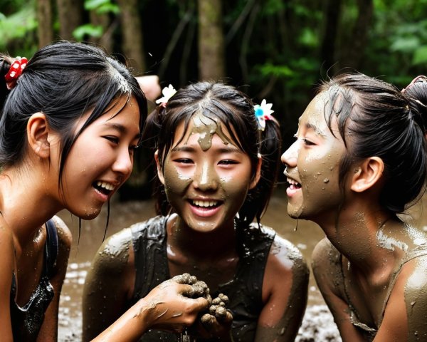 Joyful girls playing in mud with colorful accessories