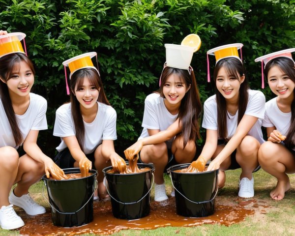 Young women in white shirts playfully engaged outdoors
