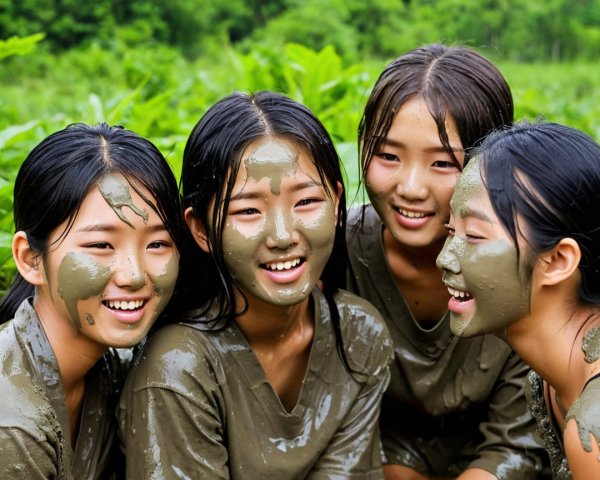 Girls in Gray Outfits Play Outdoors with Mud Masks