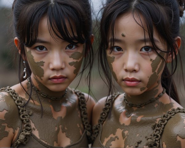 Young girls with mud patterns and matching outfits