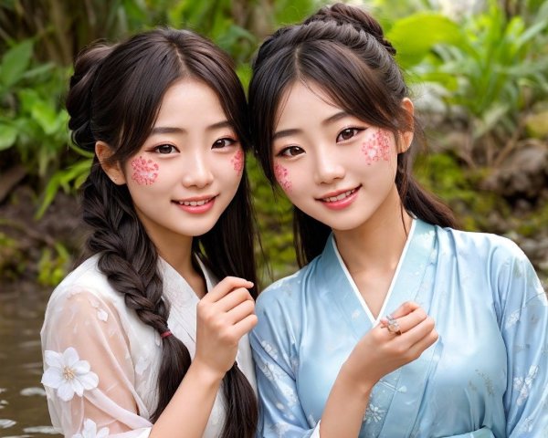 Young Women in Traditional Attire by Serene Water Body
