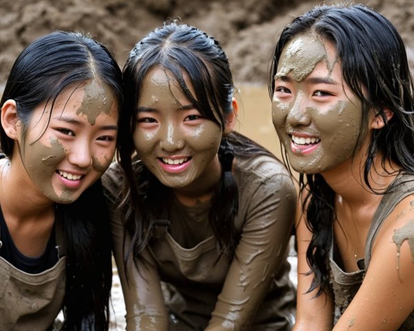 Friends Covered in Mud in Matching Outfits Outdoors