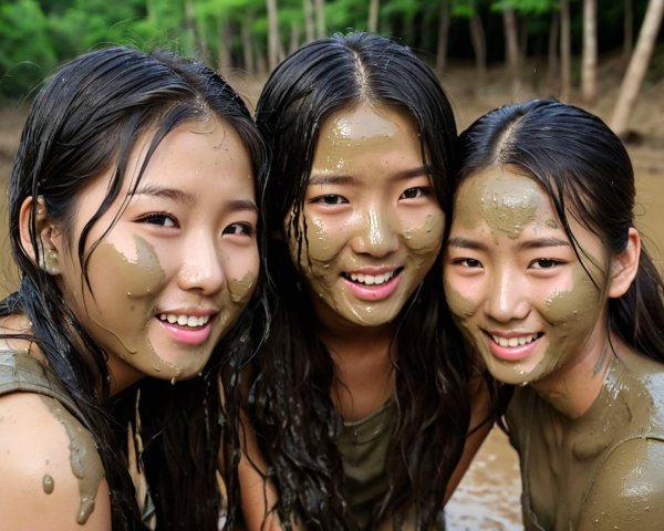 Young girls playfully covered in mud outdoors