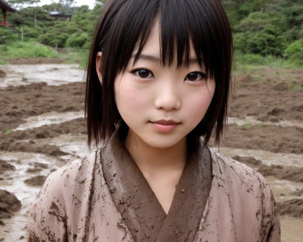 Young woman in stained kimono in muddy field