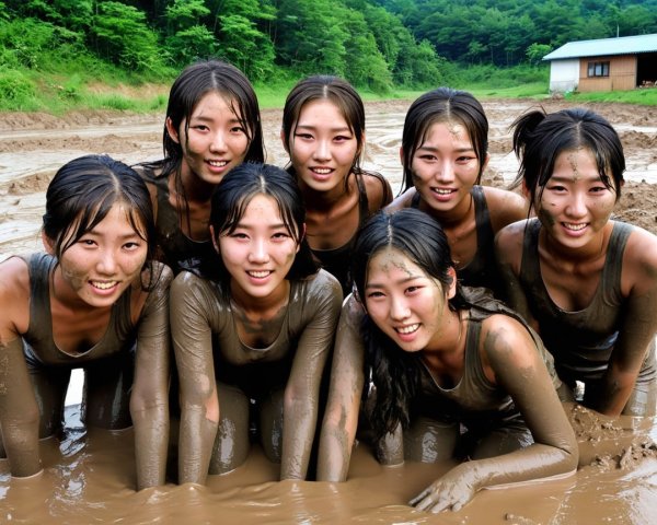 Group of Young Women in Muddy Landscape with Dark Outfits