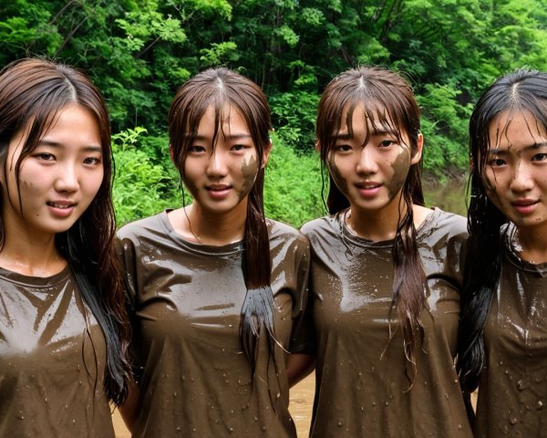 Four Young Women in Lush Green Setting with Water and Mud
