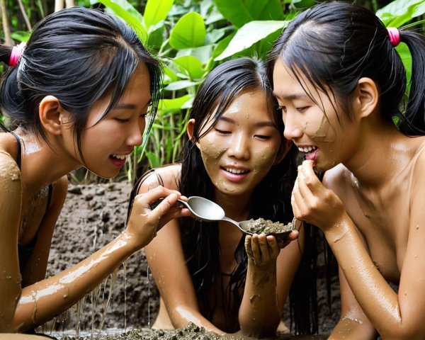 Young girls engaged in playful mud session outdoors