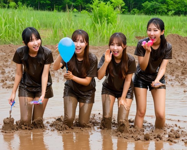 Young women enjoying a muddy outdoor gathering