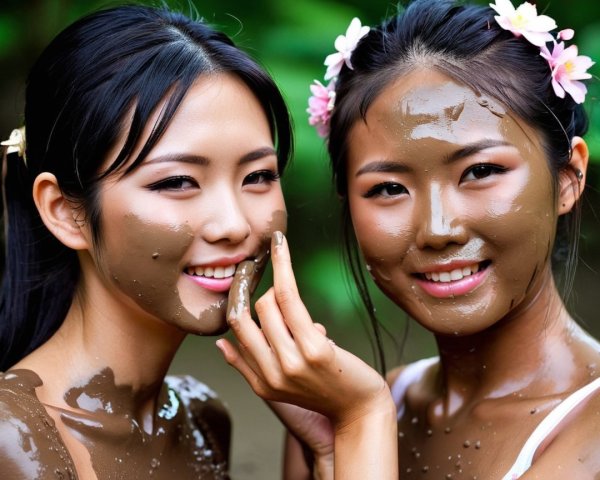 Young Women with Mud Masks in a Lush Green Setting