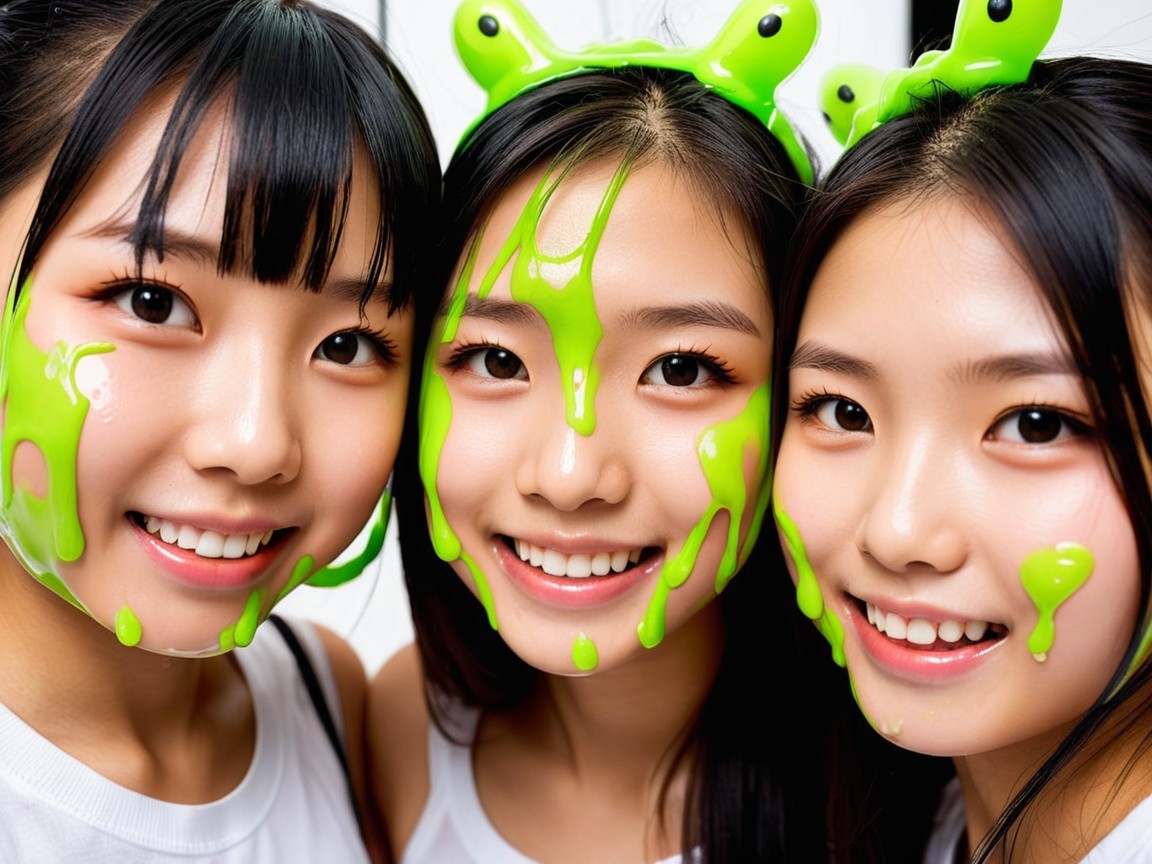 Cheerful girls with green slime and alien headbands