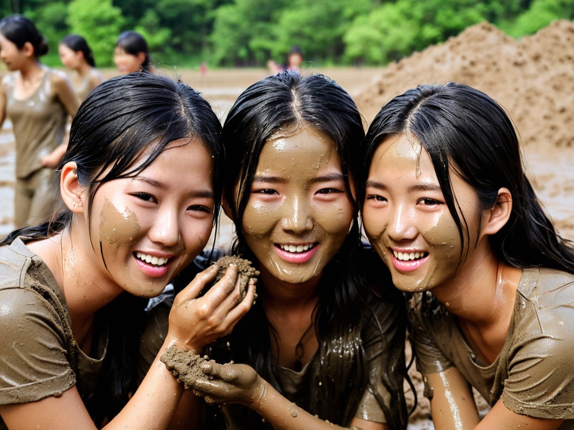 Young women playfully covered in mud outdoors