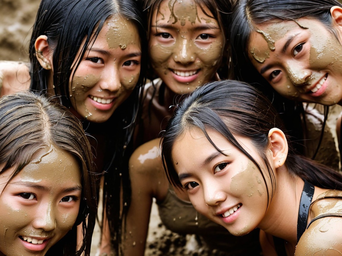 Group of Young Women Enjoying Mud Play Outdoors