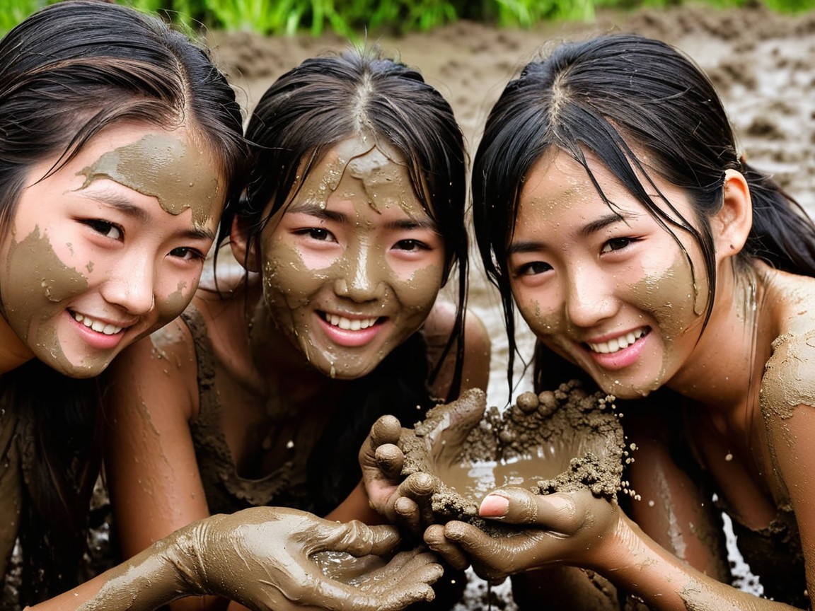 Young girls joyfully playing in a muddy area outdoors