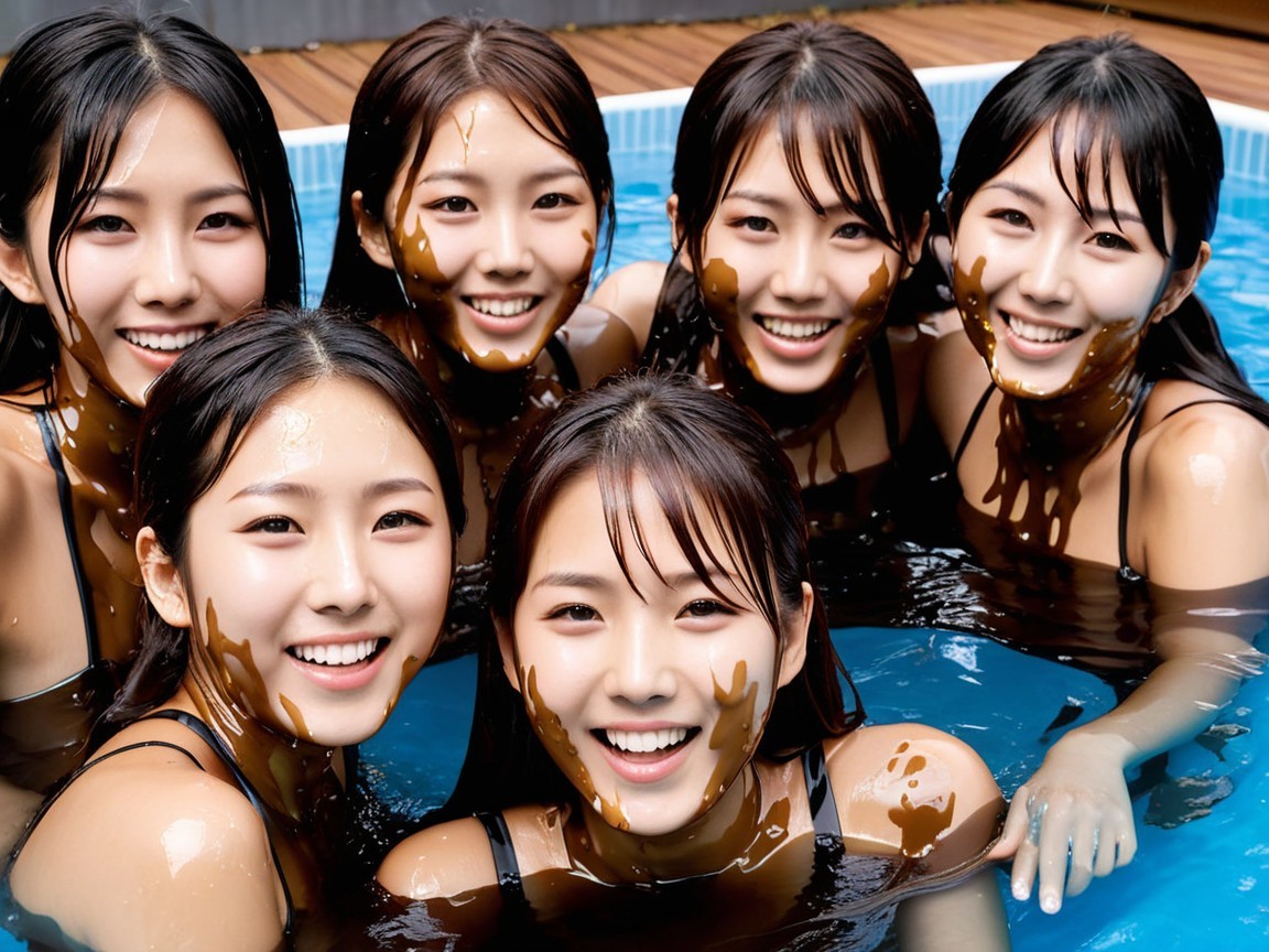Young Women Playfully Posing in Blue Pool with Chocolate