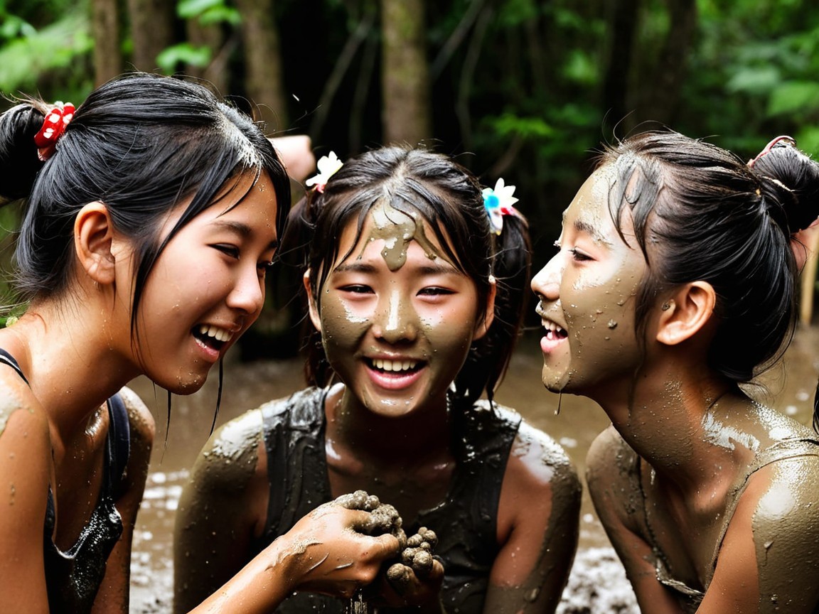 Joyful girls playing in mud with colorful accessories
