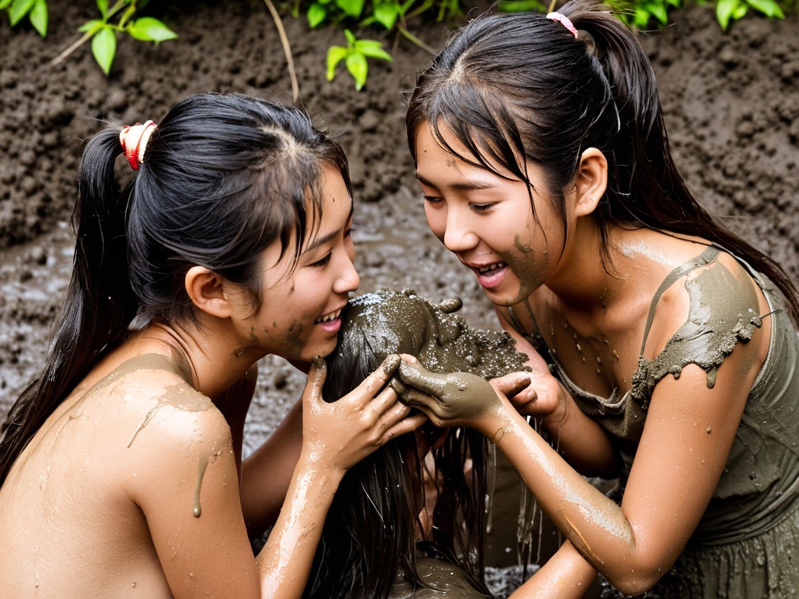 Girls Playing in Muddy Water Surrounded by Greenery