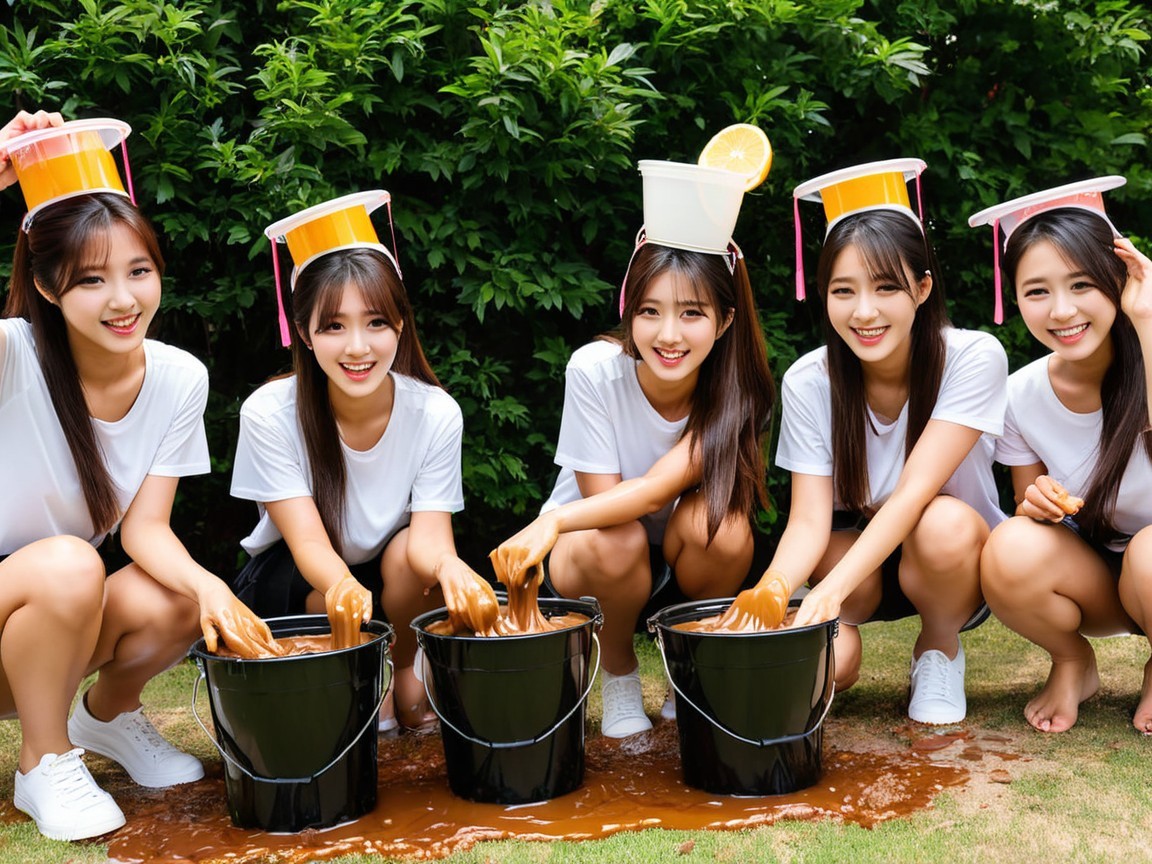 Young women in white shirts playfully engaged outdoors