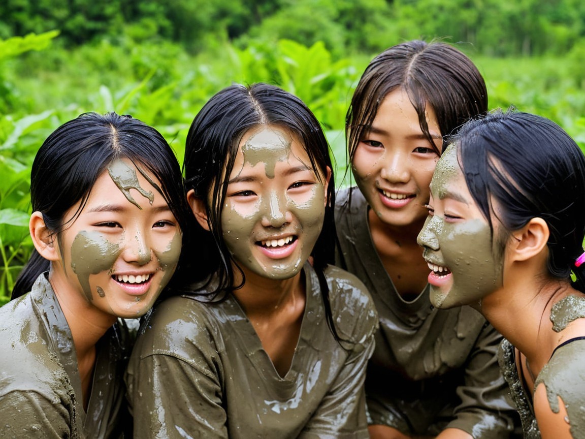 Girls in Gray Outfits Play Outdoors with Mud Masks