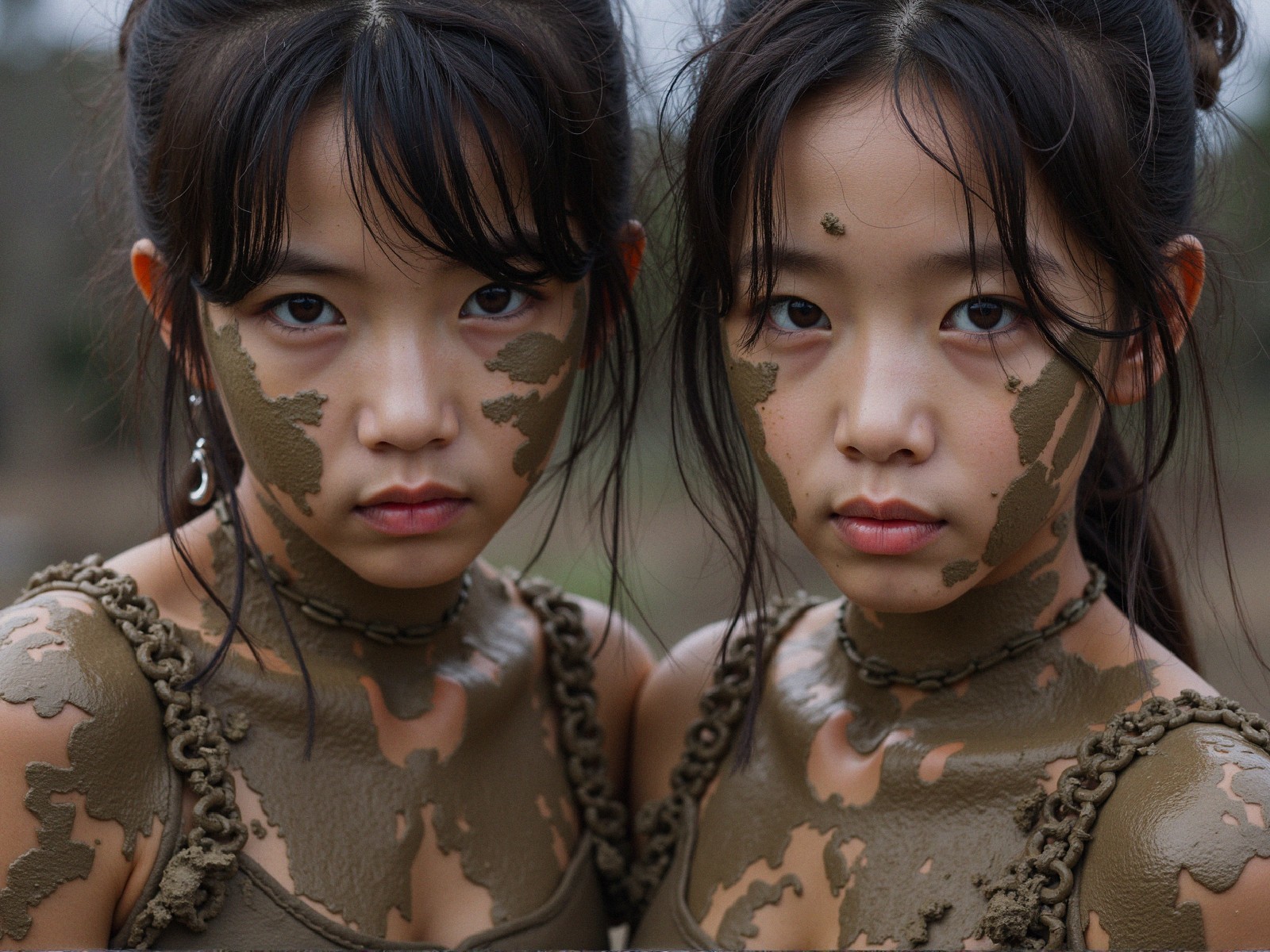 Young girls with mud patterns and matching outfits