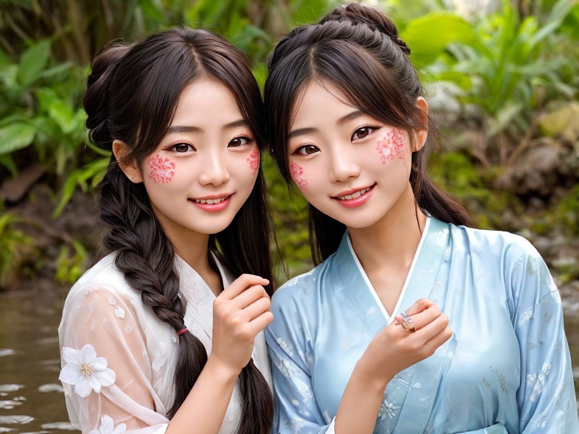 Young Women in Traditional Attire by Serene Water Body