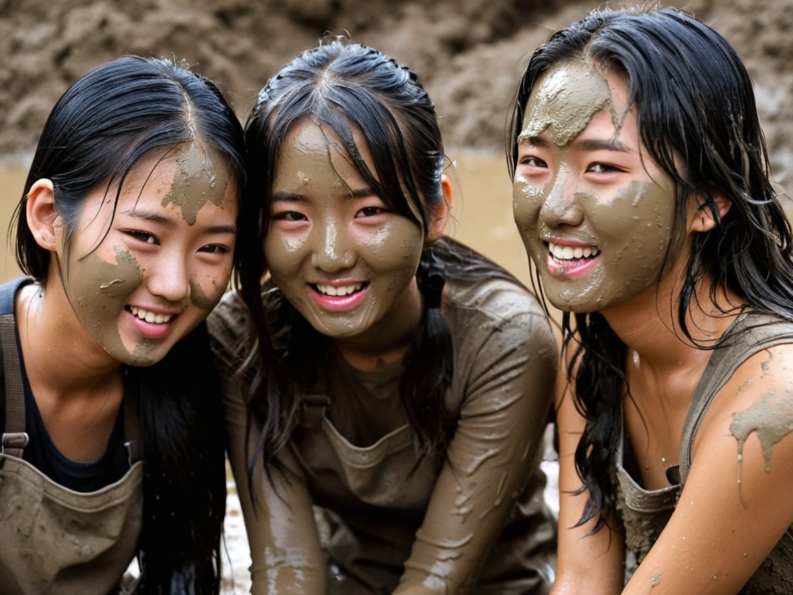 Friends Covered in Mud in Matching Outfits Outdoors