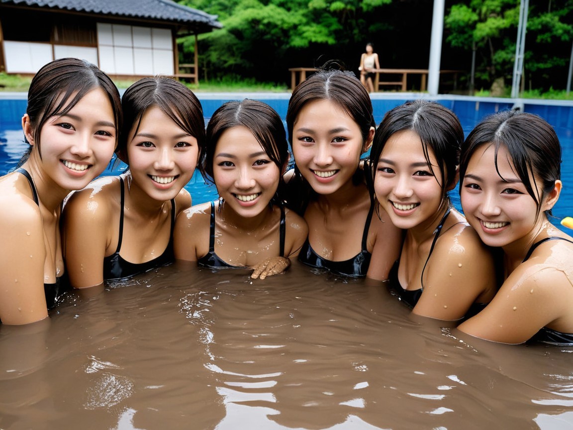 Group of Women in Matching Swimsuits at Pool