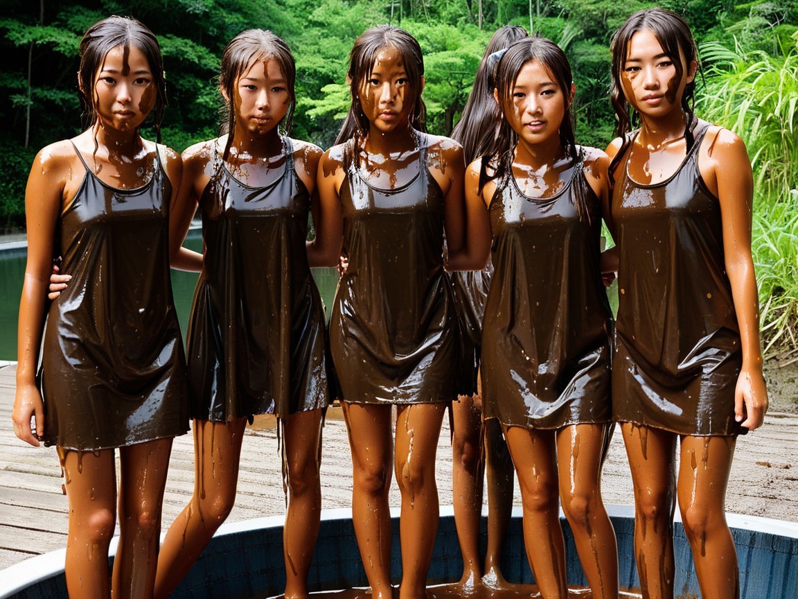 Group of Young Women in Shiny Brown Dresses Outdoors
