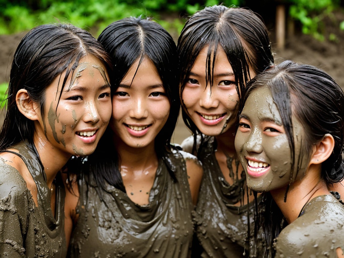 Young women covered in mud enjoying outdoor fun