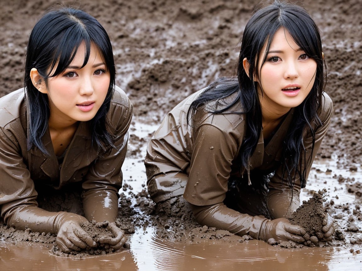 Young women exploring a muddy environment together