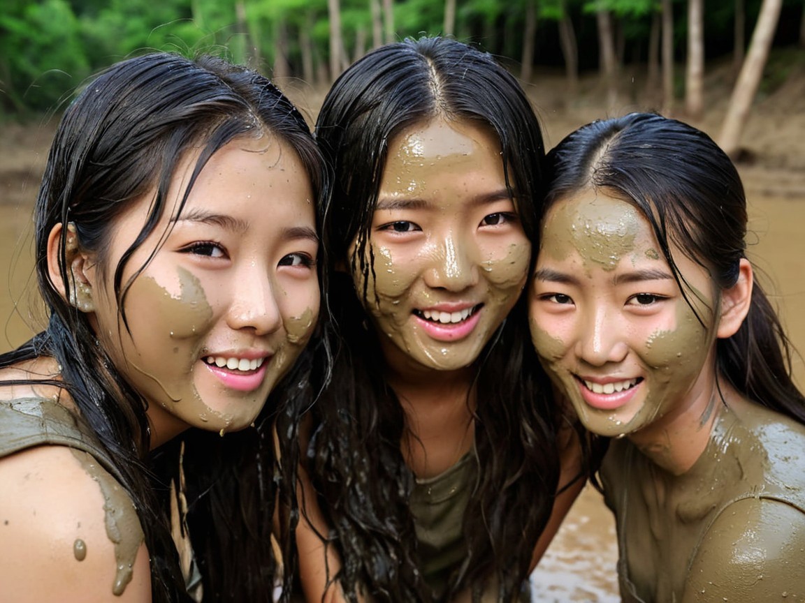 Young girls playfully covered in mud outdoors