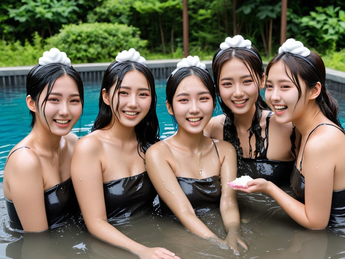 Five Young Women Enjoying a Pool Day with Foam Accessories
