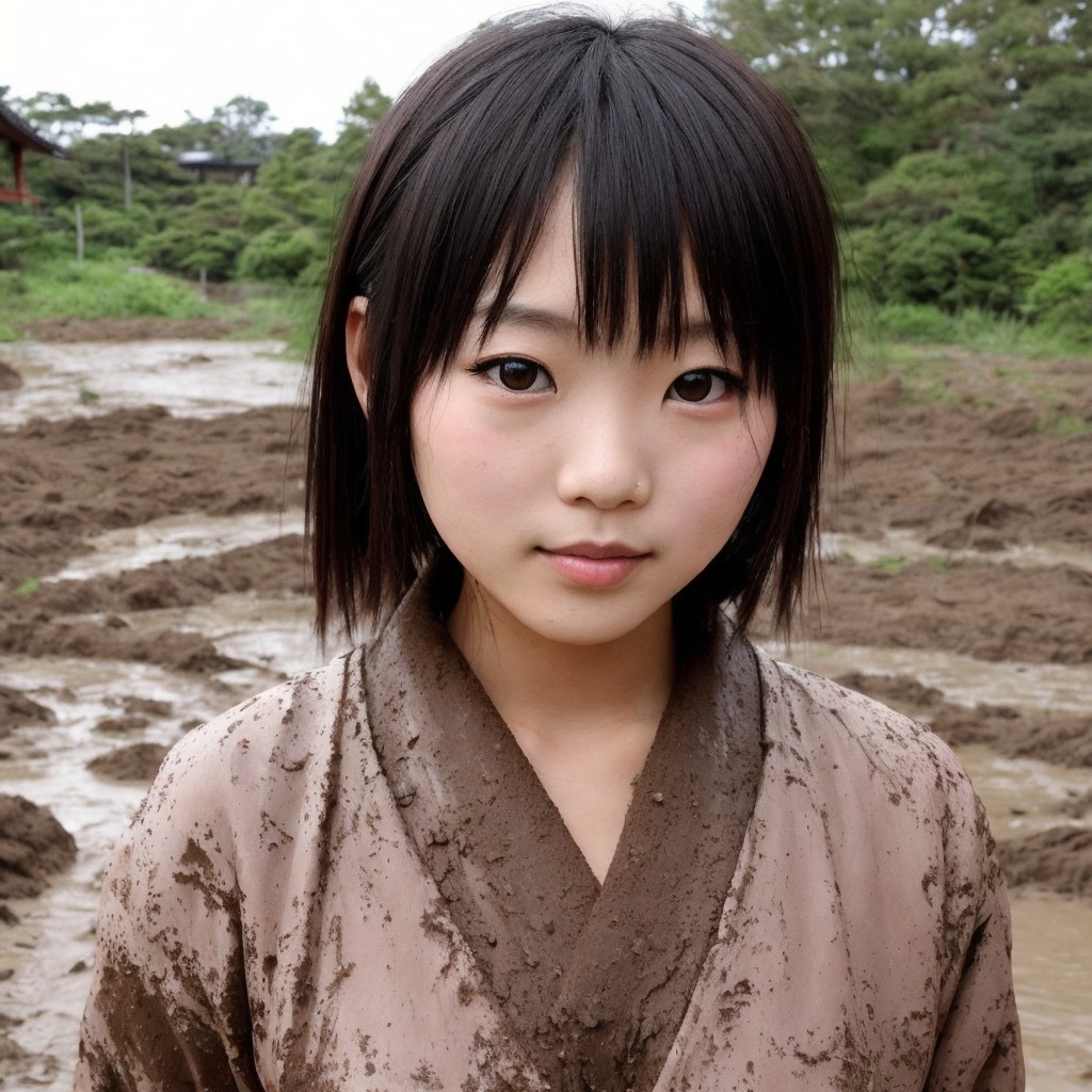 Young woman in stained kimono in muddy field