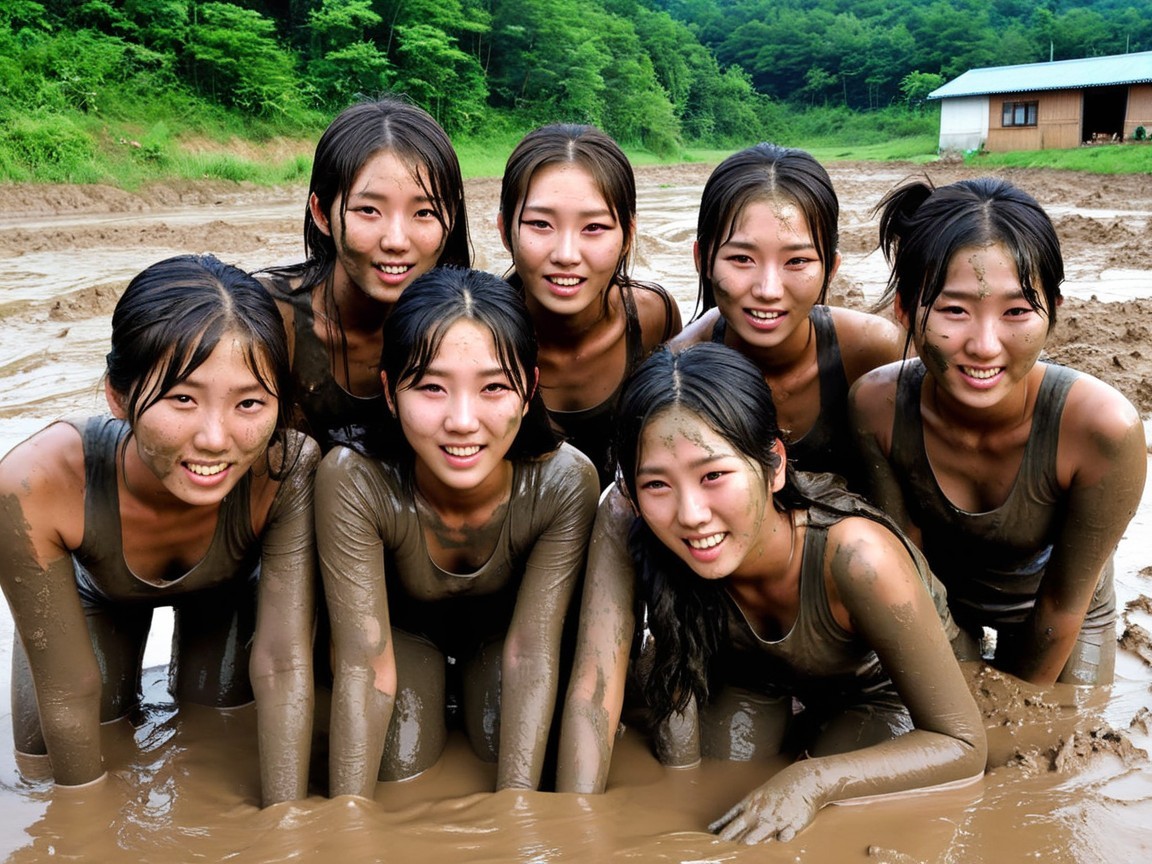 Group of Young Women in Muddy Landscape with Dark Outfits