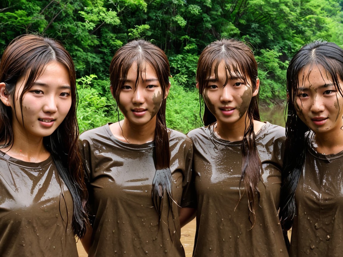 Four Young Women in Lush Green Setting with Water and Mud