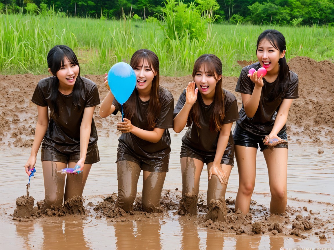 Young women enjoying a muddy outdoor gathering