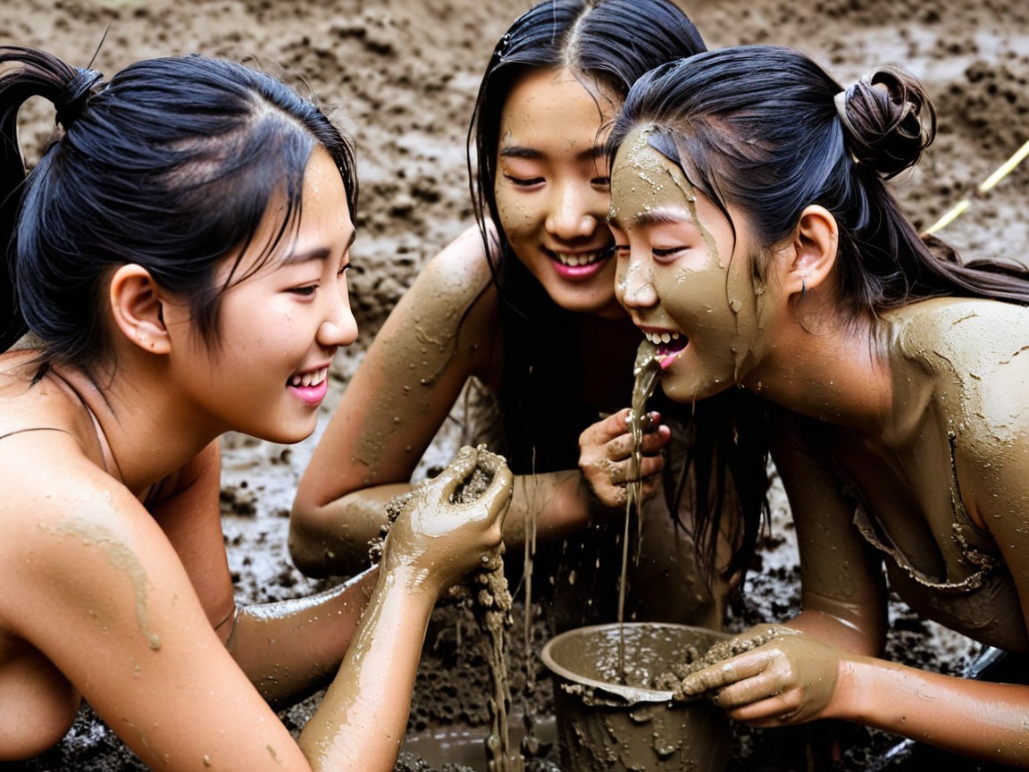 Young women enjoying playful mud activity outdoors