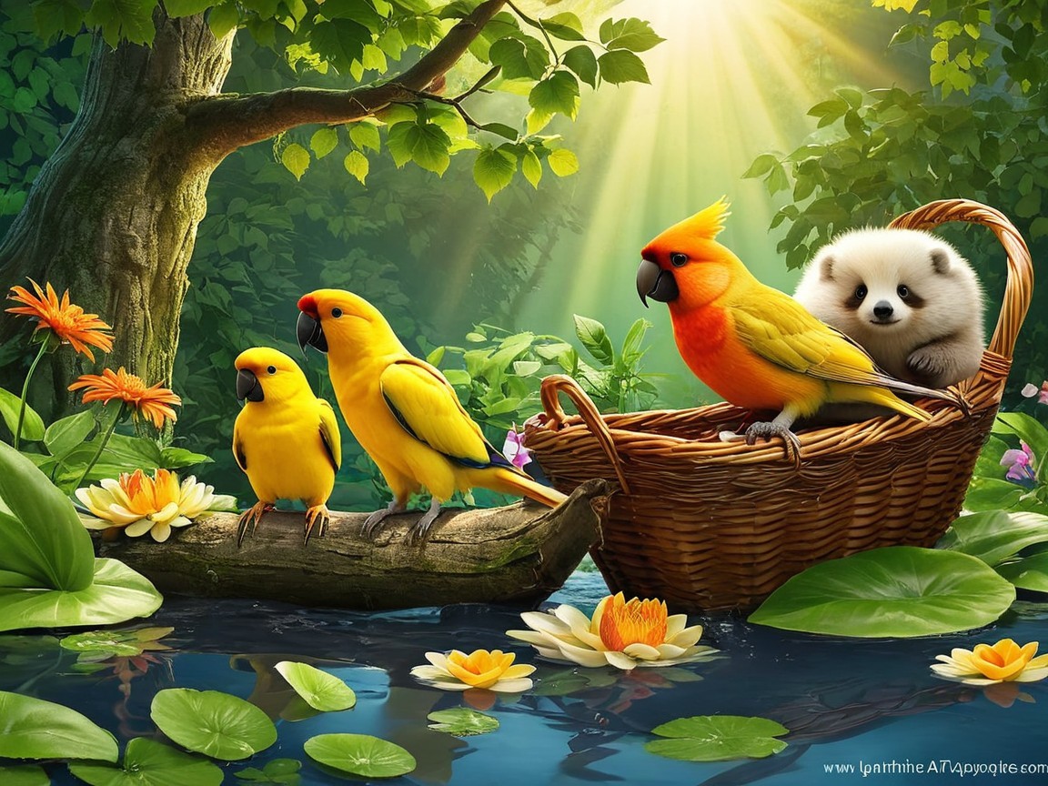 Colorful Birds and Panda Cub in a Serene Forest Scene