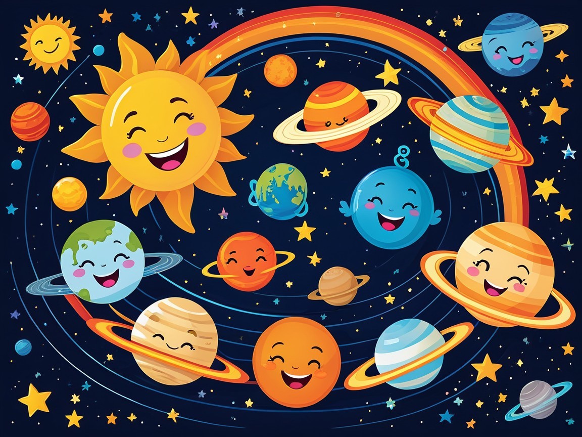 Whimsical Cartoon Illustration of the Solar System
