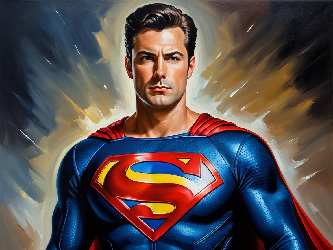 Muscular superhero in blue suit with red cape